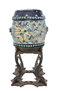 * A Chinese Fahua Porcelain Stool, Gudeng Height 14 3/8 inches; with stand overall 26 3/8 inches.