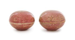 * A Pair of Chinese Peachbloom Glazed Porcelain Seal Paste Boxes and Covers, Yinse He Diameter of each 3 inches.