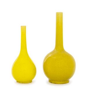 * Two Chinese Lemon-Yellow Glazed Porcelain Bottle Vases Height of taller 8 1/2 inches.