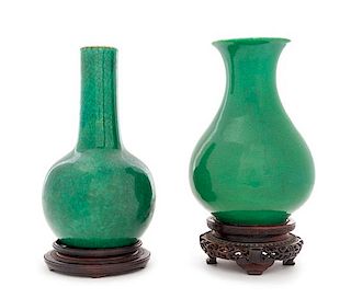 * Two Chinese Crackled Ground Green Glazed Porcelain Vases Height of taller 7 1/2 inches.
