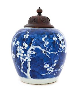 * A Chinese Blue and White Porcelain "Crackled Ice and Prunus" Ginger Jar Height 6 1/4 inches.