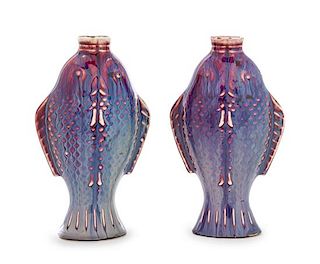 * A Pair of Chinese Flambe Porcelain Fish-Form Vases Height of each 6 1/2 inches.