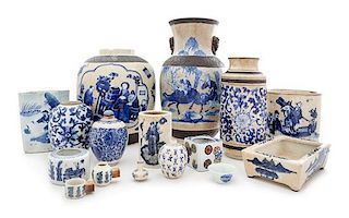 * Sixteen Chinese Blue and White Porcelain Articles Height of largest 14 1/2 inches.