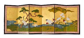 * A Small Japanese Six-Panel Screen Height 15 x width 38 x depth 2 3/4 inches.