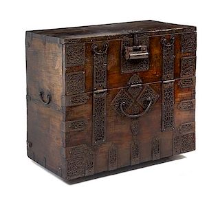 * A Korean Metal Mounted Wood Chest Height 33 1/2 x width 38 x depth 18 1/2 inches.