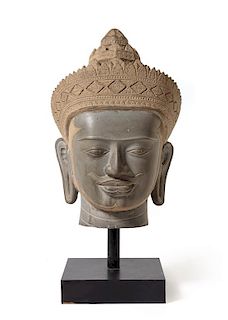 * A Large Cambodian Carved Stone Head of Buddha Height 30 inches.