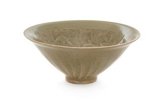 A Yaozhou Celadon Glazed Porcelain Bowl Diameter 4 3/8 inches.