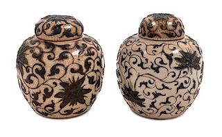A Pair of Iron Decorated Crackled Ground Porcelain Ginger Jars and Covers Height 5 3/4 inches.
