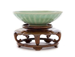 A Longquan Celadon Glazed Porcelain 'Lotus' Shallow Bowl Diameter 6 5/8 inches.