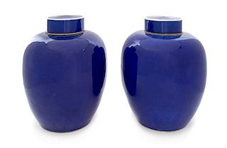 A Large Pair of Blue Glazed Porcelain Covered Jars Height 13 inches.