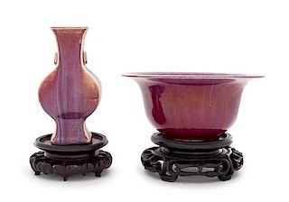 * Two Flambe Glazed Porcelain Articles Diameter of larger 10 1/4 inches.