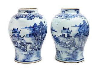 Two Blue and White Porcelain Baluster Jars Height of taller 14 1/2 inches