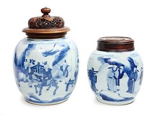 A Pair of Blue and White Porcelain Ginger Jars Height of taller 11 1/2 inches (with cover).