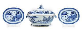 Three Chinese Export Canton Blue and White Porcelain Articles Height of tureen 9 x width 14 inches