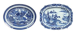 Two Chinese Export Blue and White Platters Lengthh of larger 18 inches.