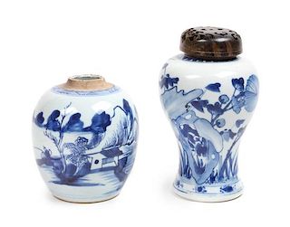Two Blue and White Porcelain Jars Height of larger 7 inches