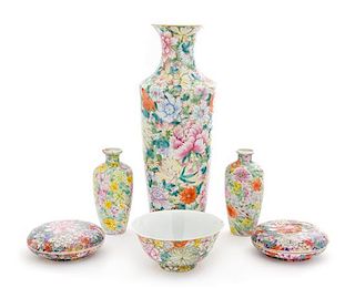* Six Famille Rose 'Millefleur' Porcelain Articles Height of tallest 12 inches.