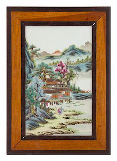 A Small Famille Rose Porcelain Inset Hardwood Wall Panel 9 1/2 x 5 inches.