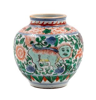 A Small Underglaze Blue and Wucai Porcelain Jar Height 3 1/4 inches.