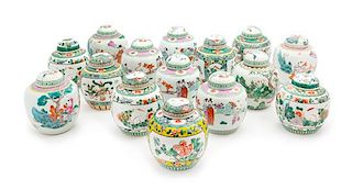 * Fifteen Porcelain Ginger Jars Height of tallest 6 inches.