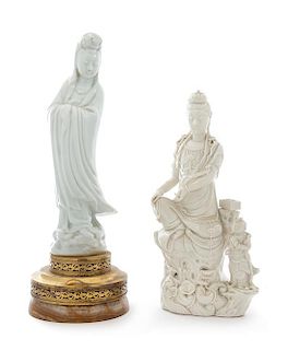 Two Blanc-de-Chine Porcelain Figures of Guanyin Height 12 3/4 inches.