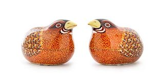 * A Pair of Polychrome Painted Porcelain Quail-Form Covered Boxes Height 2 1/4 inches.