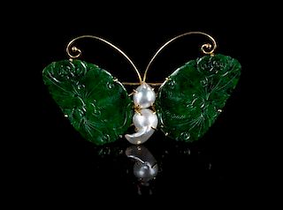 A Spinach Green Jade and Pearl Inset 14K Yellow Gold Mounted Butterfy-Form Brooch Length 2 3/4 inches.