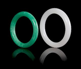Two Jadeite Bangles Diameter of larger 3 3/8 inches.