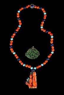 A 14K Yellow Gold, Coral, Lapis and Turquoise Necklace Length of necklace 16 inches.