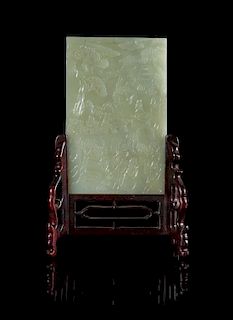 * A Pale Celadon Jade Table Screen Height of plaque 7 1/8 inches.