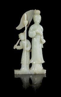 A Celadon Jade Figural Group Height 8 1/8 inches.