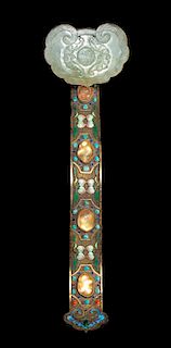 A Jadeite, Tourmaline and Hardstone Inset Enameled Metal Ruyi Scepter Length 13 inches.