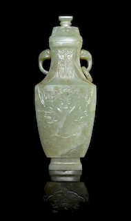 A Celadon Jade Covered Vase Height 10 inches.