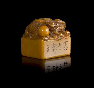* A Carved Yellow Soapstone Seal Height 1 3/4 inches.