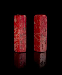 * Two 'Chicken Blood' Hardstone Seals Height of each 2 1/4 inches.