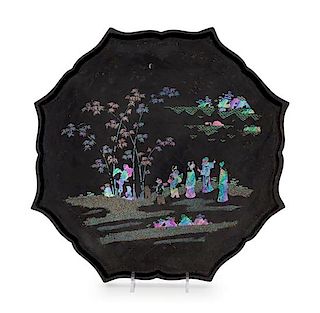 A Mother-of-Pearl Inlaid Black Lacquer Octagonal Tray Diameter 13 5/8 inches.