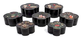 * Seven Hardstone Embellished Lacquer Quatrefoil Boxed and Covers Length of largest 7 1/2 inches.