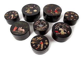 * Eight Hardstone Embellished Lacquer Circular Boxes and Covers Diameter of largest 8 inches.