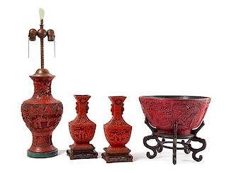 * Four Carved Red Lacquer Articles Height of tallest 14 1/4 inches.