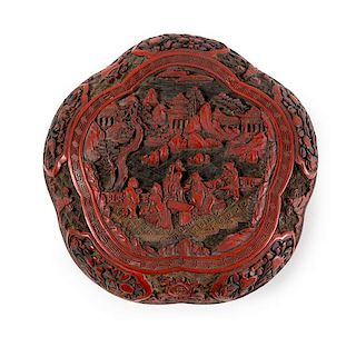 A Carved Red Lacquer Flori-Form Covered Box Length 8 inches.