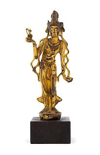 A Gilt Bronze Figure of a Guanyin Height 9 1/8 inches.