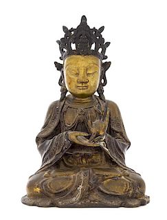 * A Gilt Bronze Figure of Guanyin Height 15 inches.