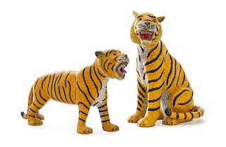 Two Cloisonne Enamel Figures of Tigers Height 13 1/2 inches.