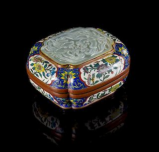 A Celadon Jade Inset Cloisonne Enamel Covered Box Length 5 inches.