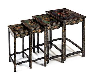 A Gilt Highlighted Polychrome Painted Black Lacquered Nesting Table Height 25 1/2 x width 21 1/2 x depth 15 1/2 inches.