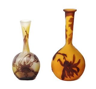 Two Galle Cameo Glass Vases, Height of taller 6 3/4 inches.
