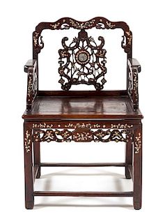 A Mother-of-Pearl Inlaid Hongmu Armchair, Meiguiyi Height 39 x width 24 3/4 x depth 18 3/8 inches.
