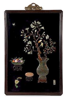 * A Hardstone and Bronze Inset Black Lacquered Wood Wall Panel 38 1/2 x 26 inches.
