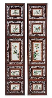 A Pair of Famille Verte Porcelain Inset Hardwood Panels Height 56 5/8 x width 12 3/8 x depth 1 1/8 inches.