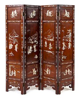 A Mother-of-Pearl Inlaid Huali Four-Panel Floor Screen Height of each panel 72 1/4 x width 15 7/8 x depth 1 inches.